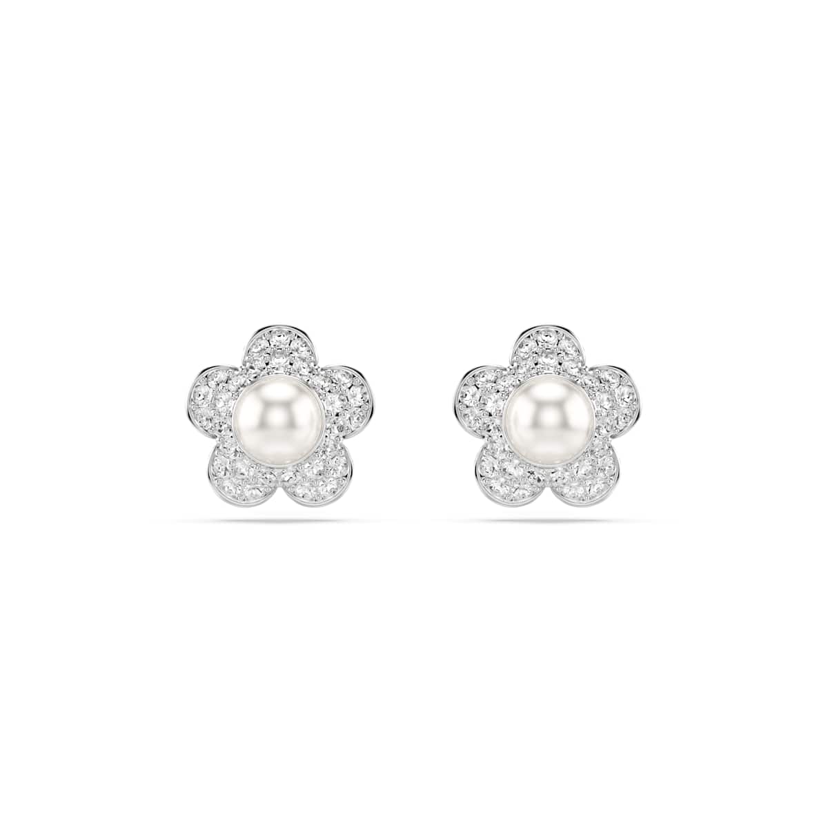 Ariana Grande x Swarovski stud earrings, Crystal pearl, Round cut, Flower, White, Rhodium plated : 5756098