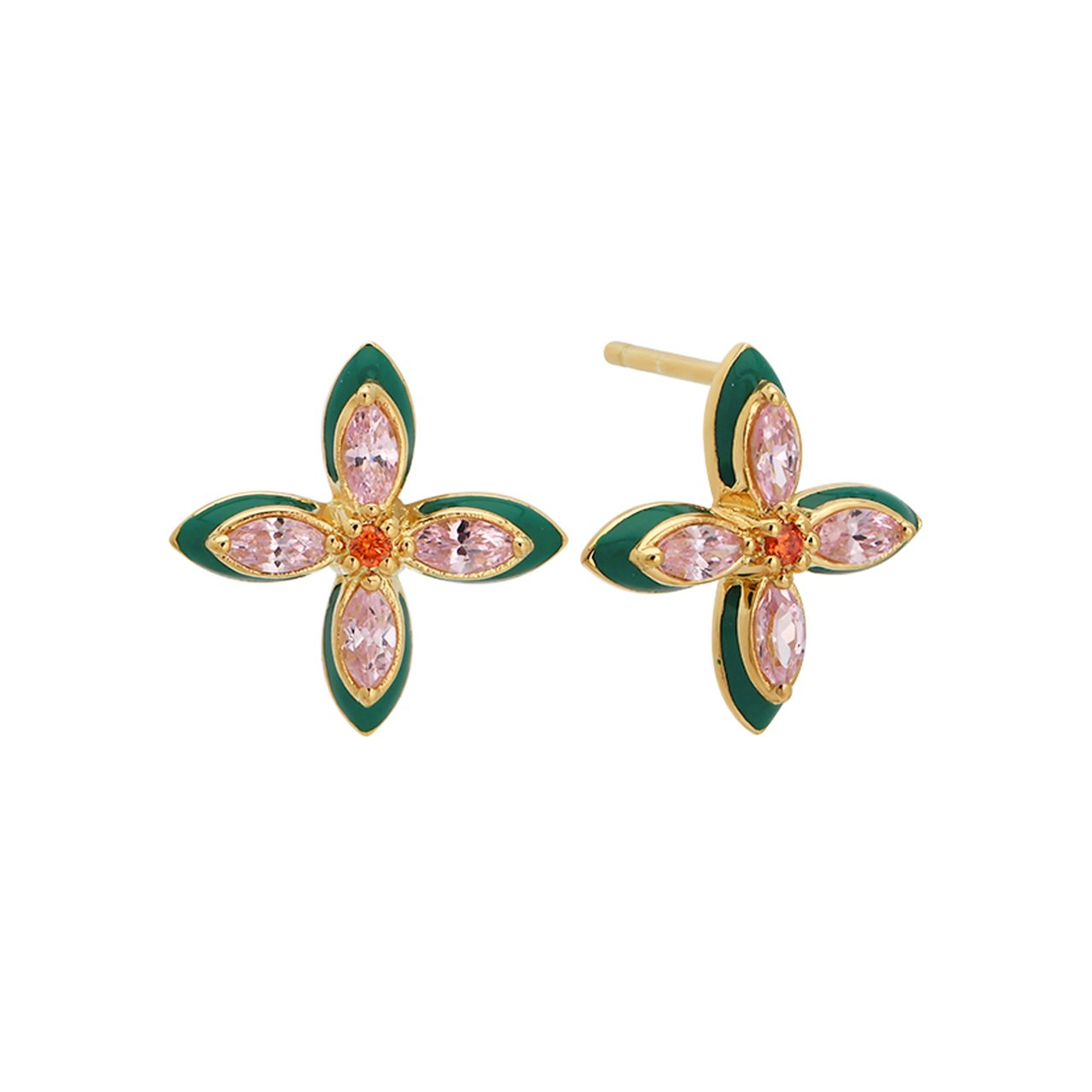 Amelia Scott Lucky Clover Stud Earrings, Emerald Green, Blush Pink & Gold