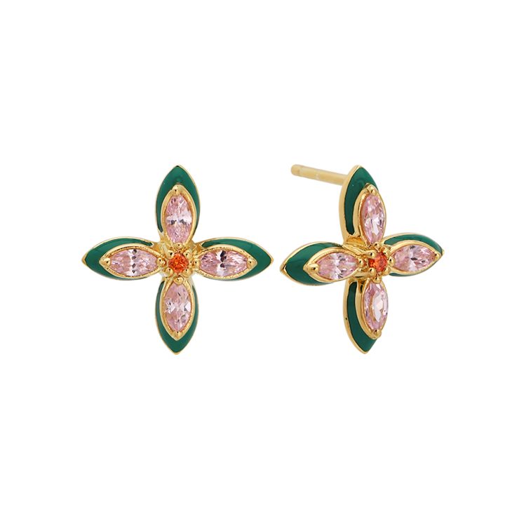 Amelia Scott Lucky Clover Stud Earrings, Emerald Green, Blush Pink & Gold