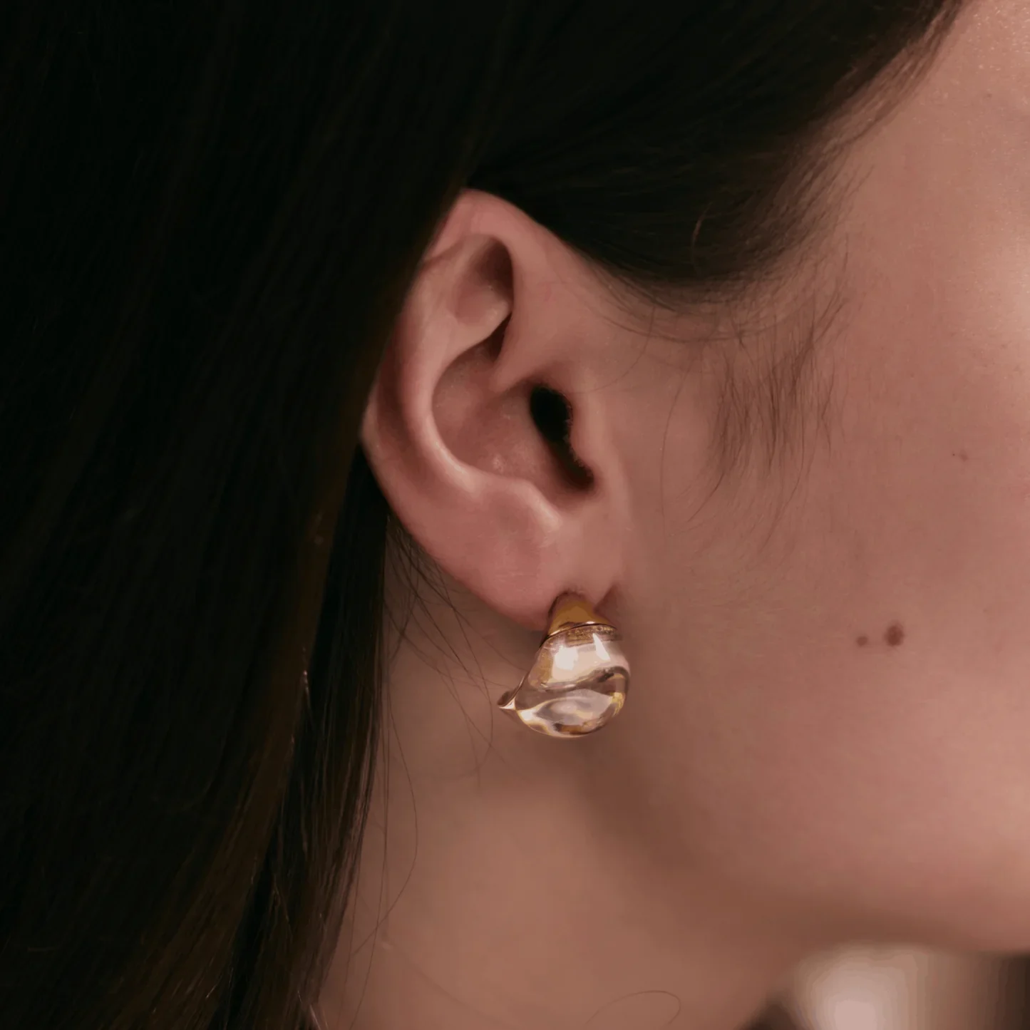Lalique Cabochon Earrings, Gold Lustre Crystal