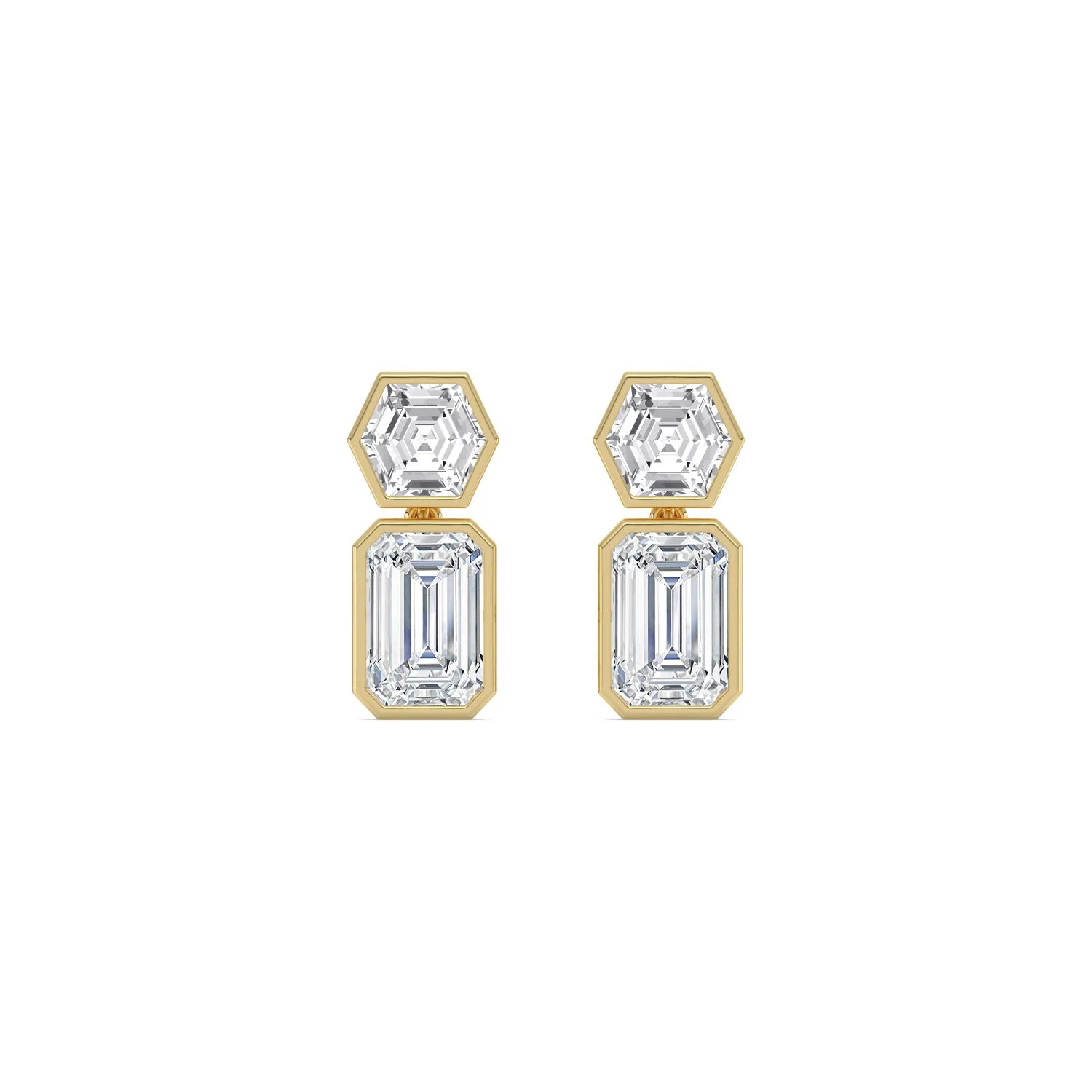 18ct Gold Hexagon & Emerald-Cut Drop Earrings