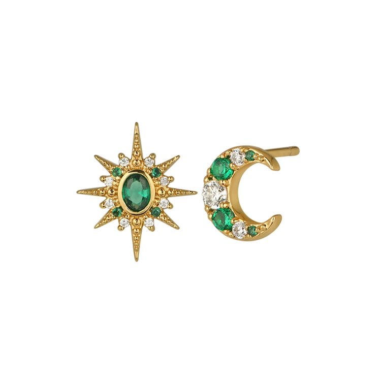 Amelia Scott Luna Moon & Star Stud Earrings Emerald Green & Gold