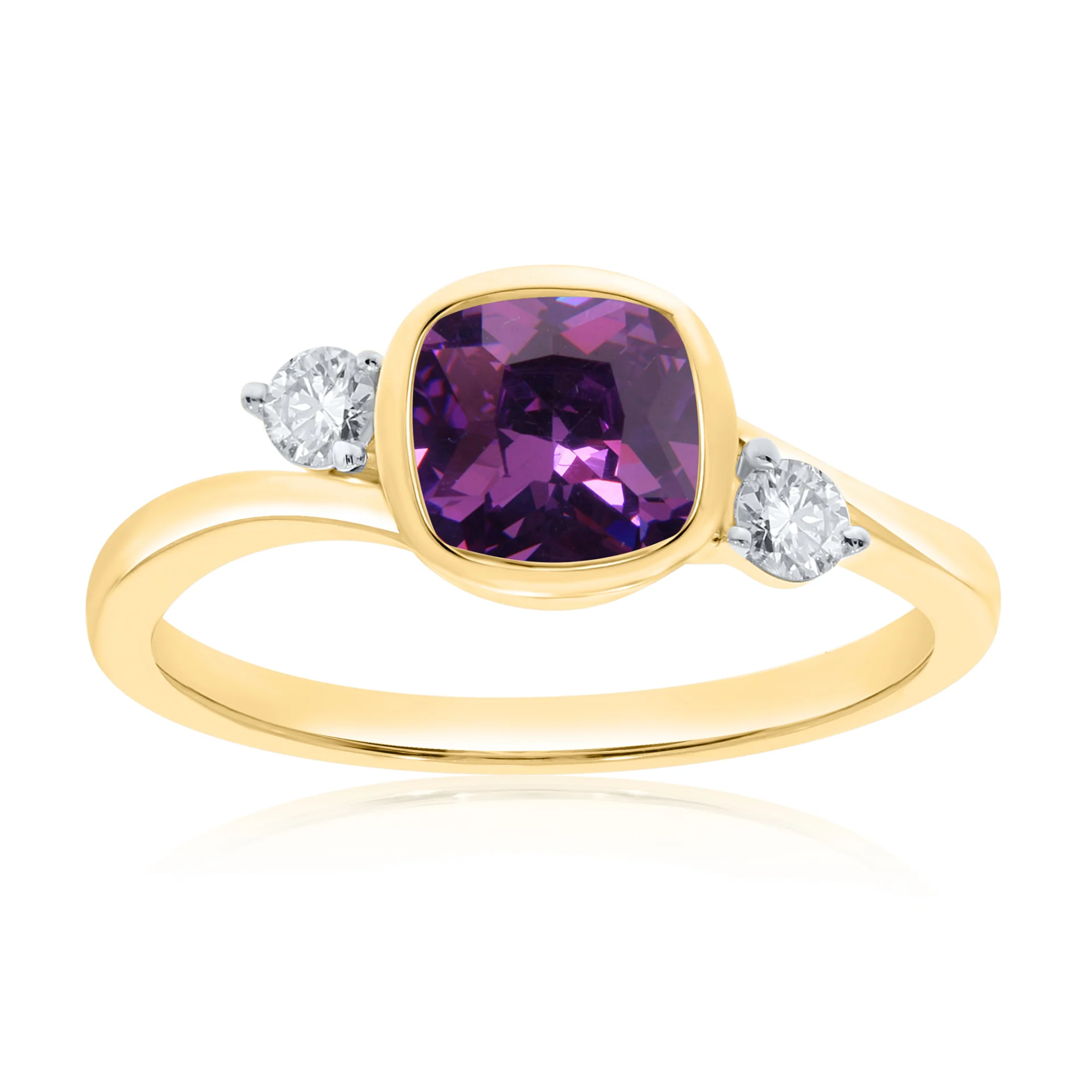 9ct Yellow Gold Amethyst and Diamond Three Stone Ring