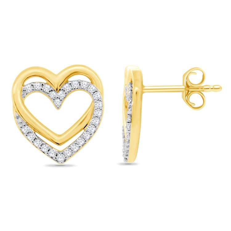9ct Yellow Gold Double Heart Diamond Earrings