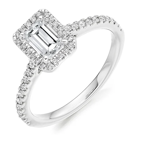 Platinum Emerald Cut Diamond Halo Engagement Ring