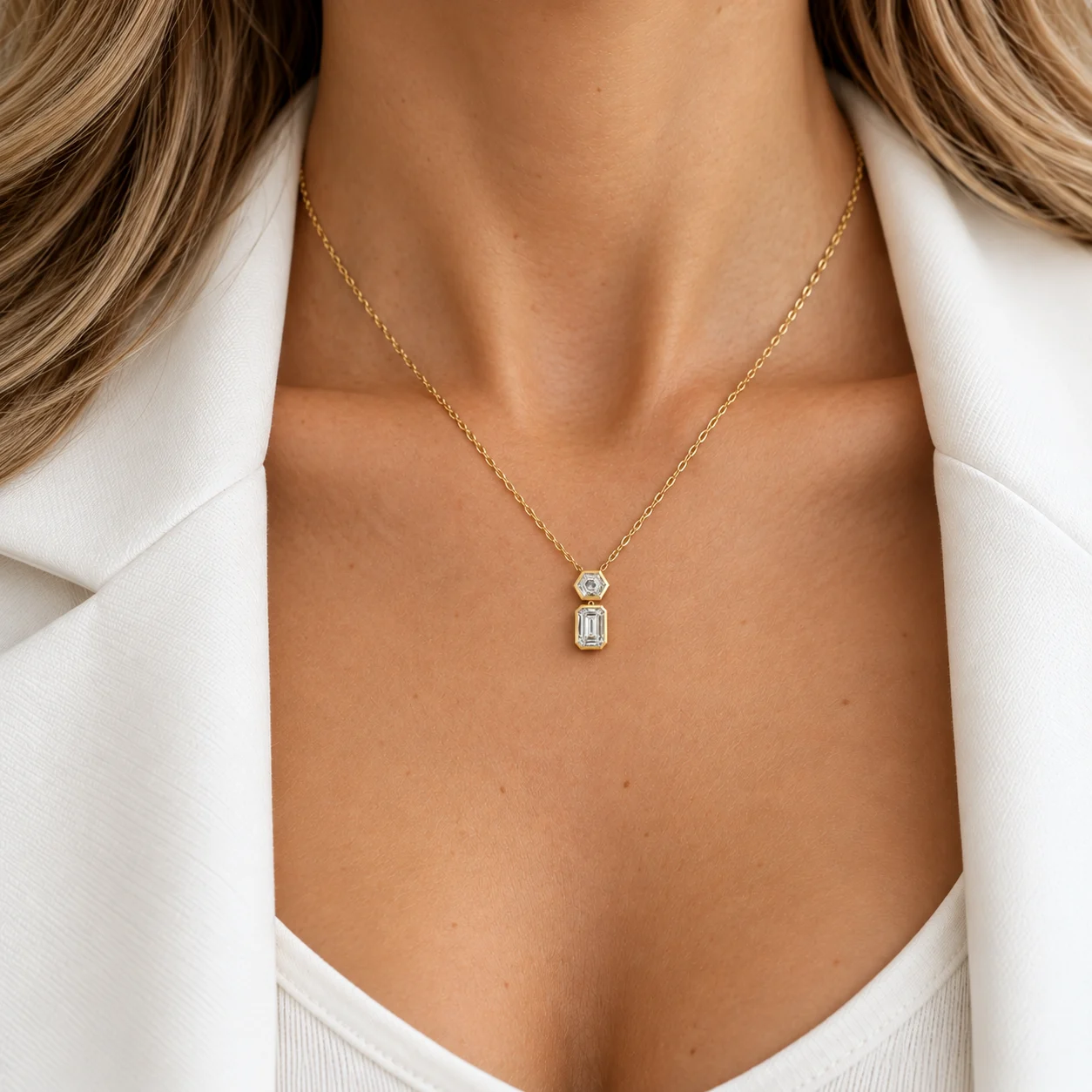 18ct Gold Hexagon & Emerald-Cut Diamond (Lab Grown) Drop Pendant