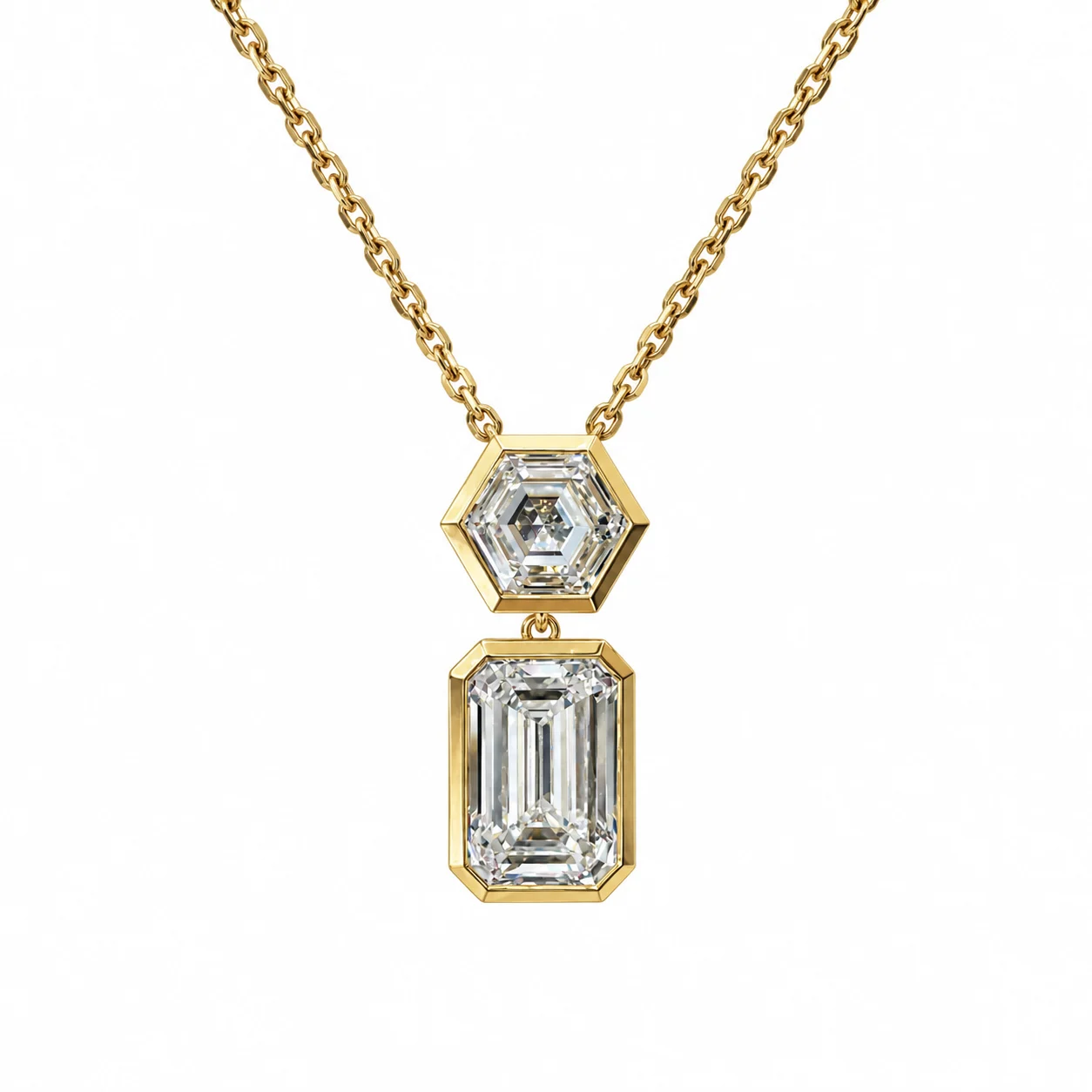 18ct Gold Hexagon & Emerald-Cut Diamond (Lab Grown) Drop Pendant