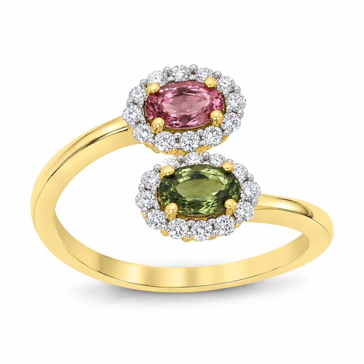 9ct Yellow Gold Pink and Green Tourmaline and Diamond Cluster Ring