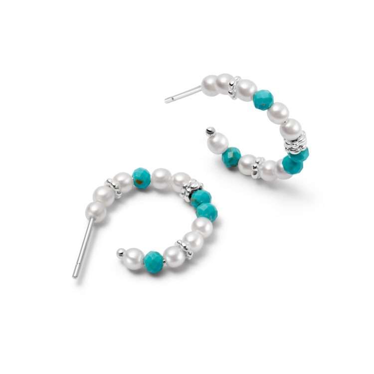 Daisy Pearl and Turquoise Beaded Hoop, Sterling Silver