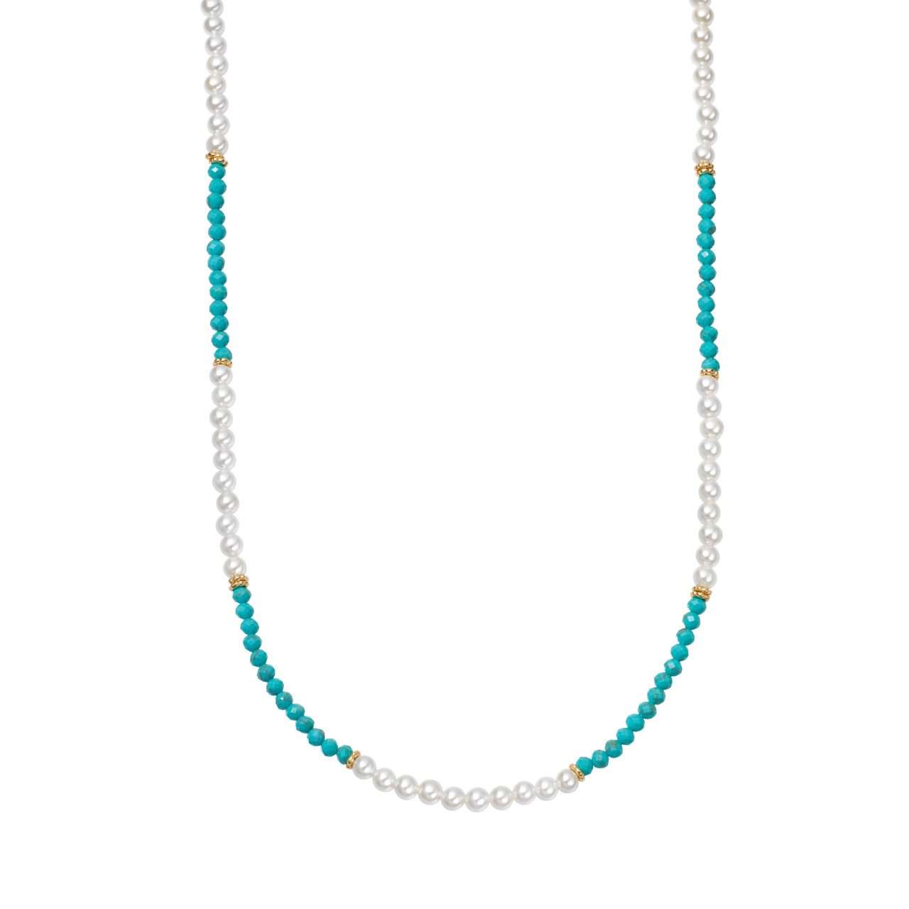 Daisy Turquoise and Pearl Beaded Necklace, Gold Plated