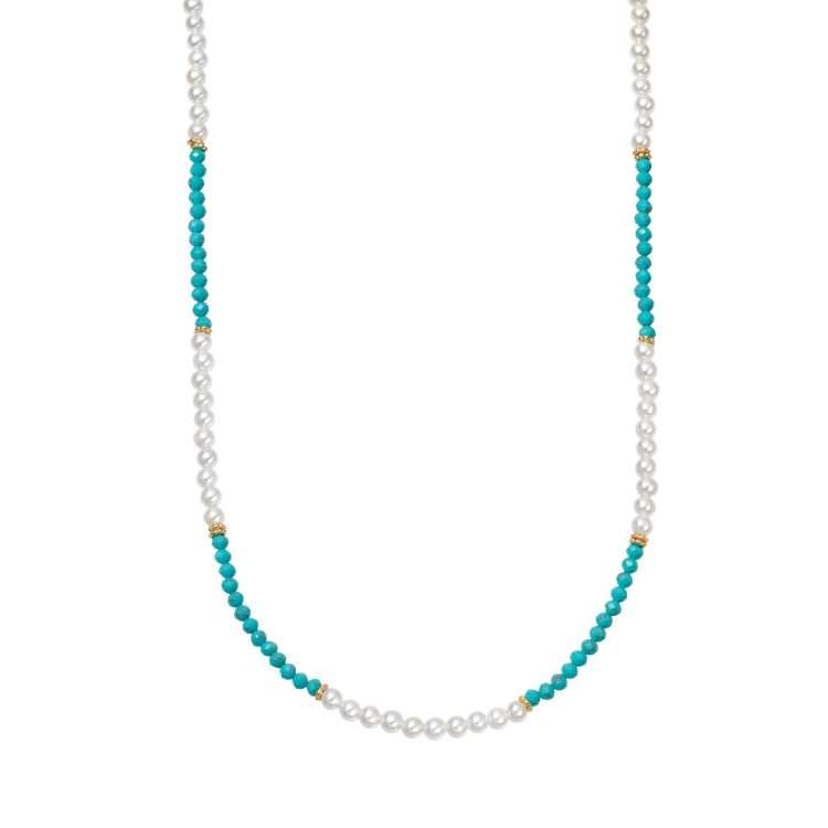 Daisy Turquoise and Pearl Beaded Necklace, Gold Plated