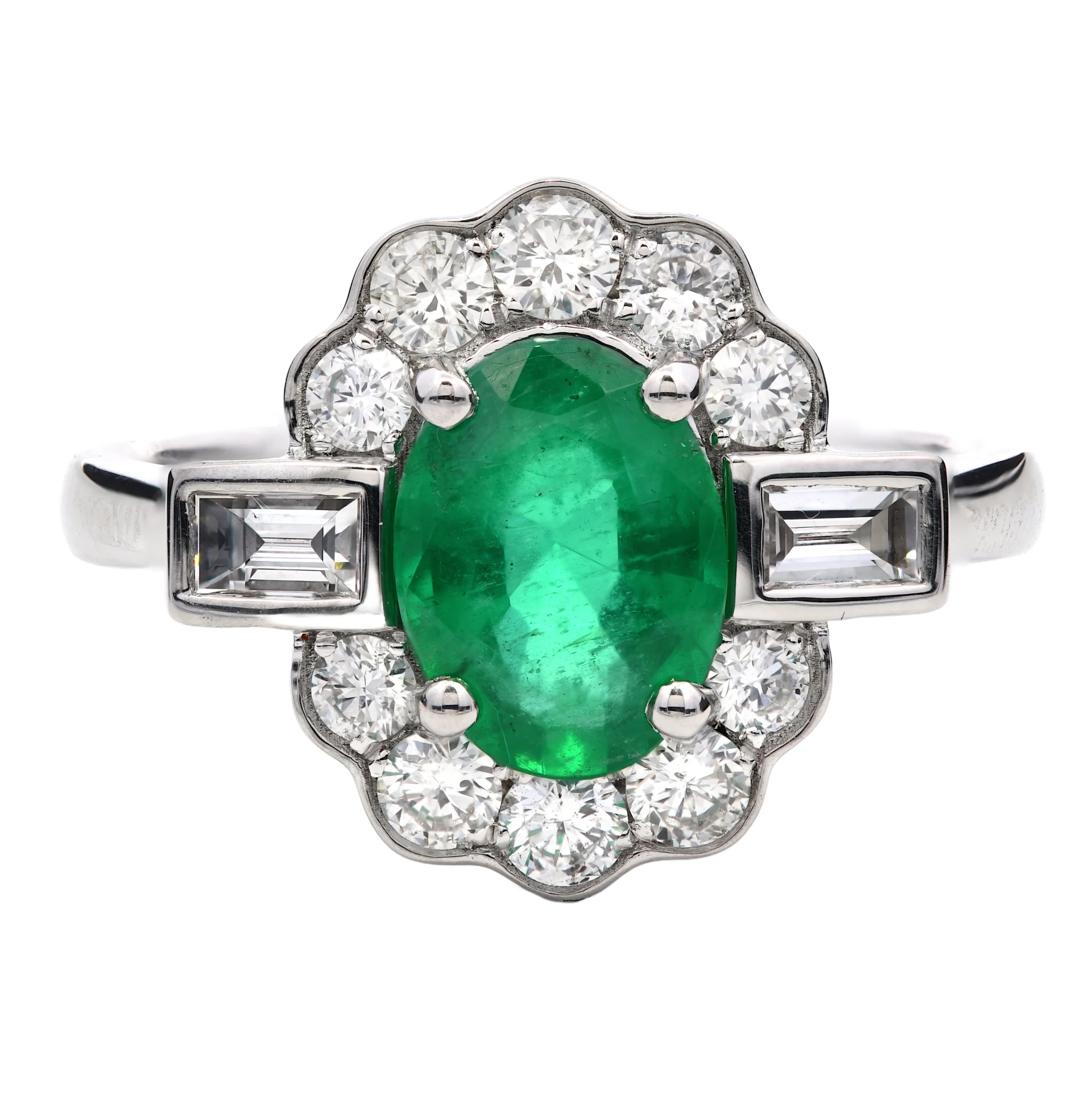 Platinum Oval Emerald and Diamond Cluster Ring