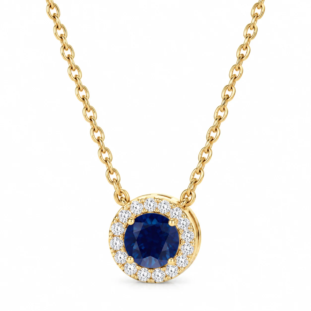 18ct Yellow Gold Sapphire & Diamond Halo Necklace
