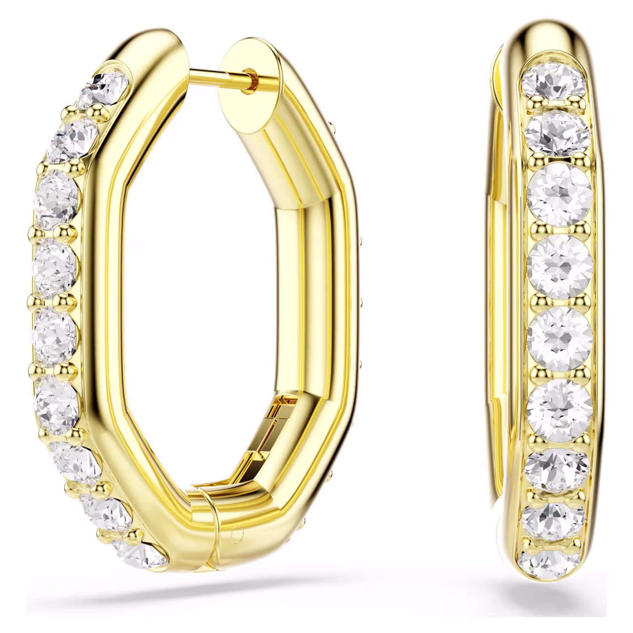 Swarovski Dextera hoop earrings, Octagon shape, Round cut, Medium, White, Gold-tone plated : 5724584