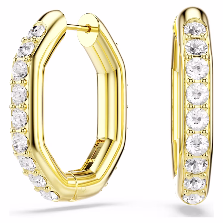 Swarovski Dextera hoop earrings, Octagon shape, Round cut, Medium, White, Gold-tone plated