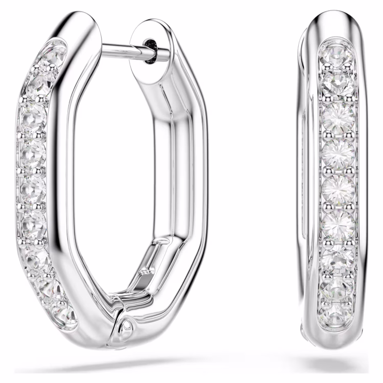 Swarovski Dextera hoop earrings, Octagon shape, Round cut, Small, White, Rhodium plated