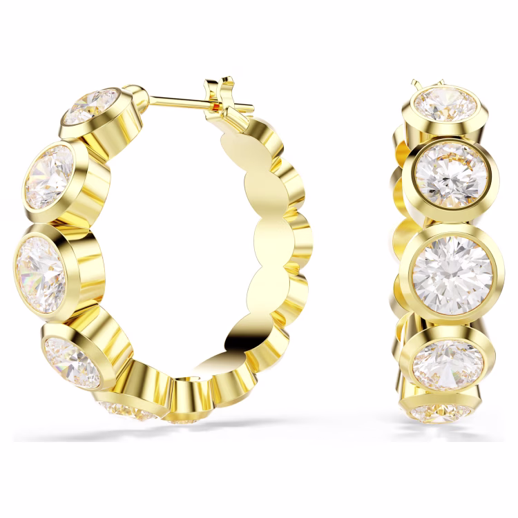 Swarovski Imber hoop earrings, Round cut, White, Gold-tone plated