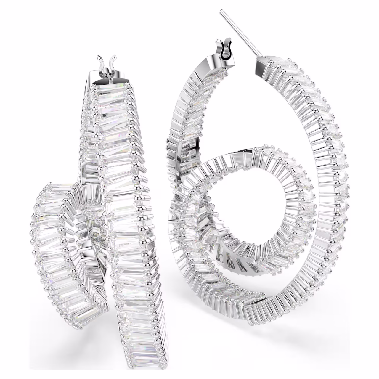 Swarovski Matrix hoop earrings, Baguette cut, Ribbon, White, Rhodium plated : 5727113