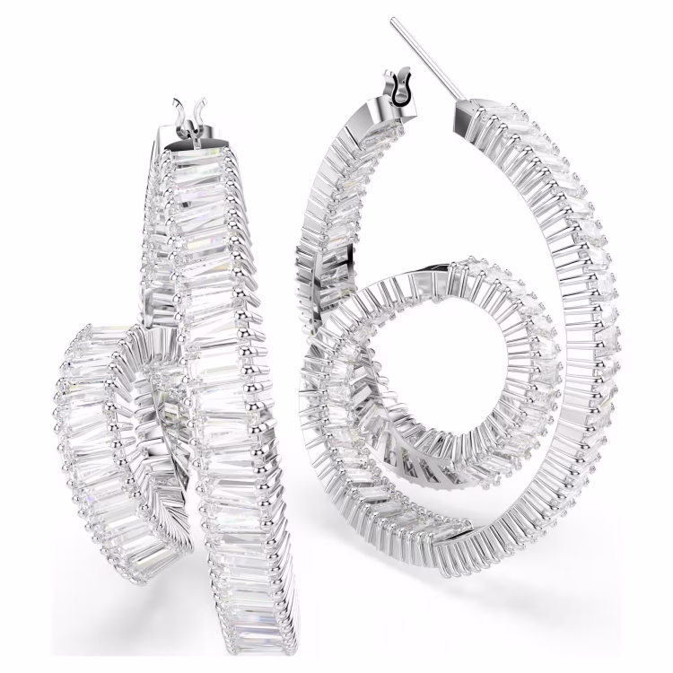 Swarovski Matrix hoop earrings, Baguette cut, Ribbon, White, Rhodium plated