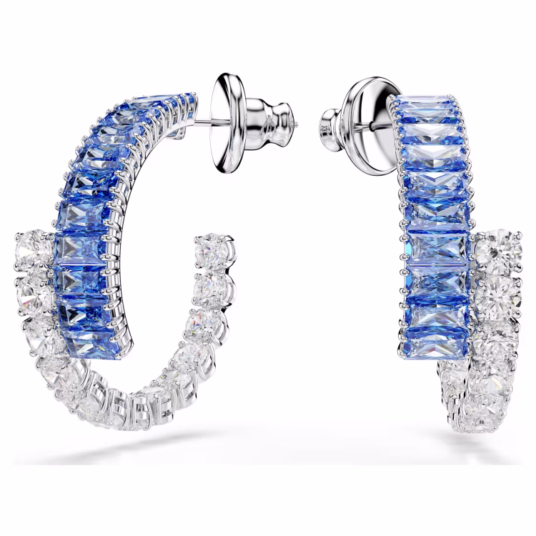 Swarovski Matrix hoop earrings, Mixed cuts, Blue, Rhodium plated