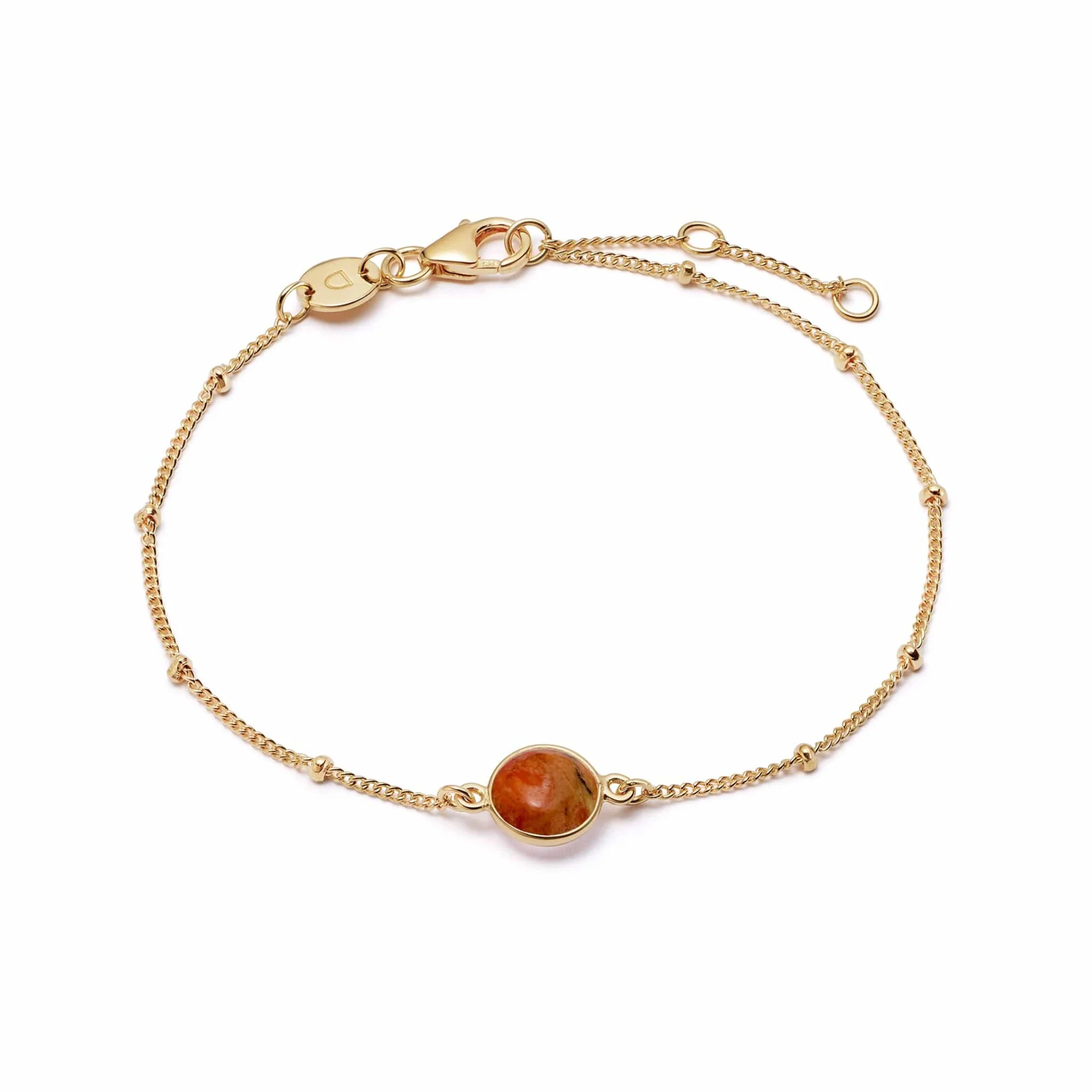 Daisy Red Coral Healing Stone Bobble Bracelet, Gold Plated