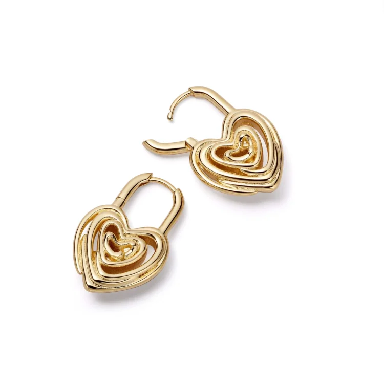 Daisy Scribble Heart Lock Earrings, Gold Plated
